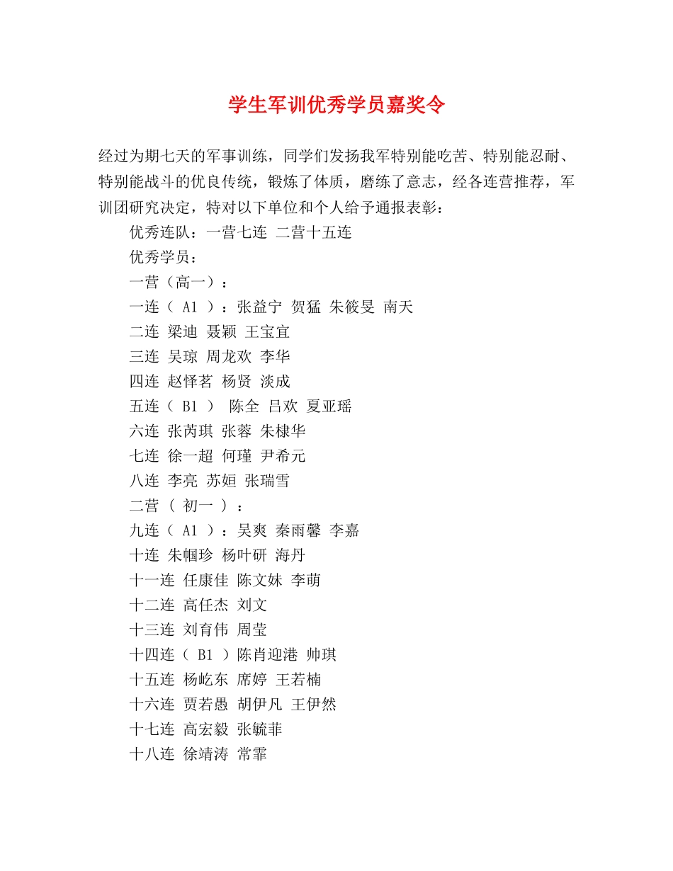 学生军训优秀学员嘉奖令 _第1页