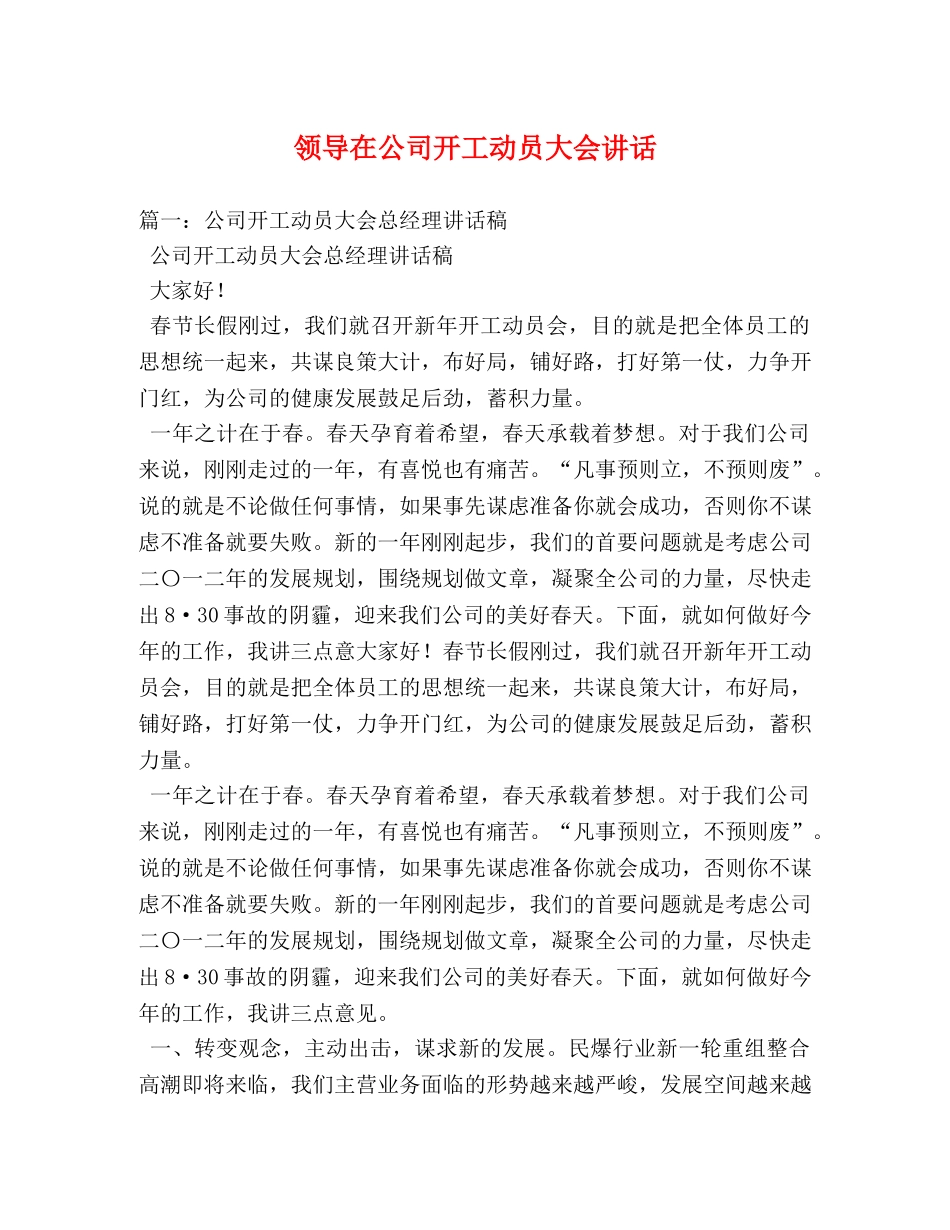领导在公司开工动员大会讲话 _第1页