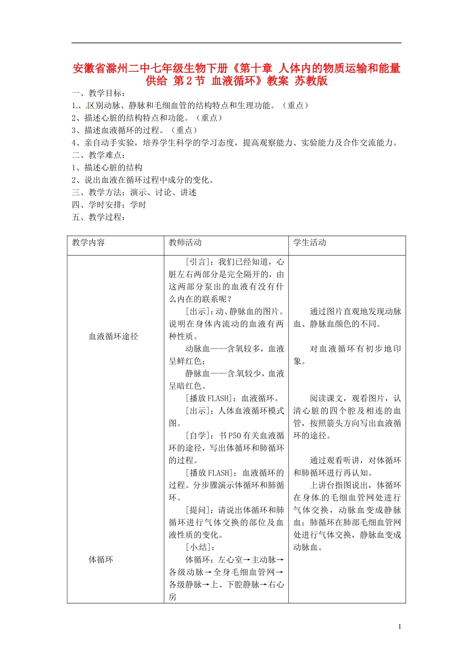 安徽省滁州二中七年级生物下册《第十章-人体内的物质运输和能量供给-第2节-血液循环》教案-苏教版_第1页