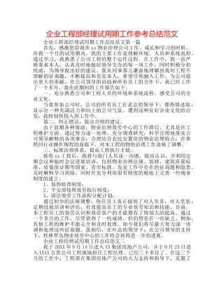 企业项目部经理试用期工作参考总结范文 