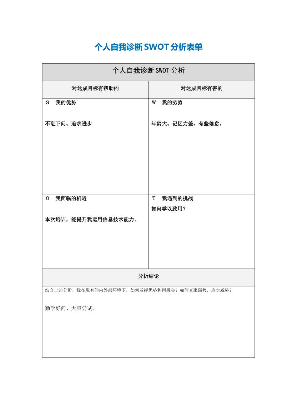第一步骤所需文档：个人自我诊断SWOT分析表[1]_第1页