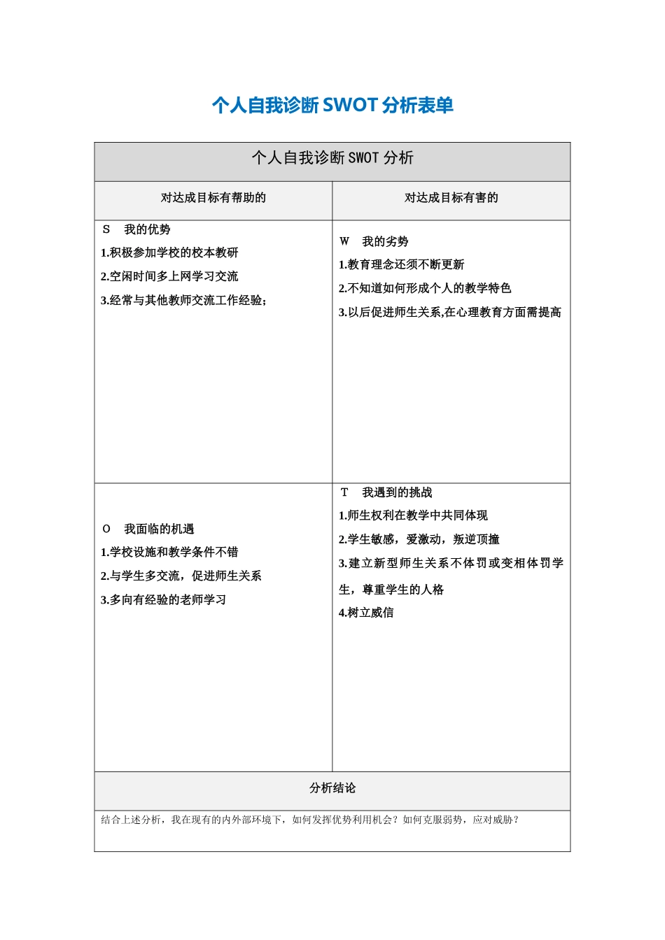 郭娟娟个人自我诊断SWOT分析表_第1页
