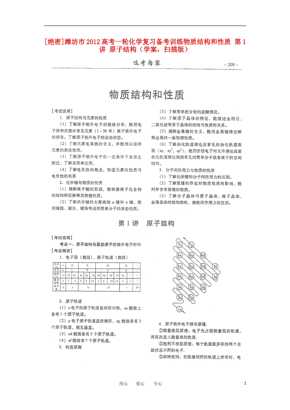 潍坊市2012高考化学一轮复习备考训练-物质结构和性质-第1讲-原子结构学案(扫描版)_第1页