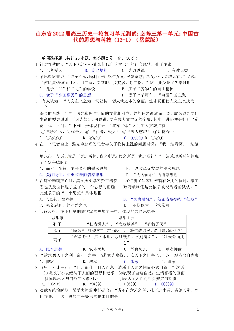 山东省2013届高考历史一轮复习-第一单元-中国古代的思想与科技(13-1)单元测试-岳麓版必修3_第1页