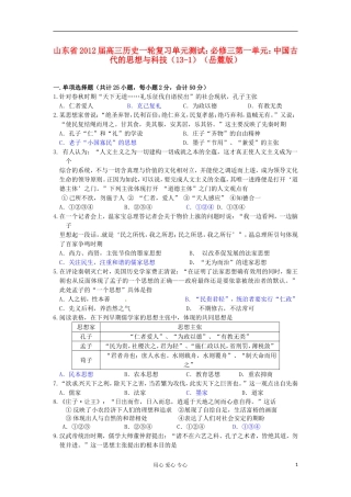 山东省2013届高考历史一轮复习-第一单元-中国古代的思想与科技(13-1)单元测试-岳麓版必修3