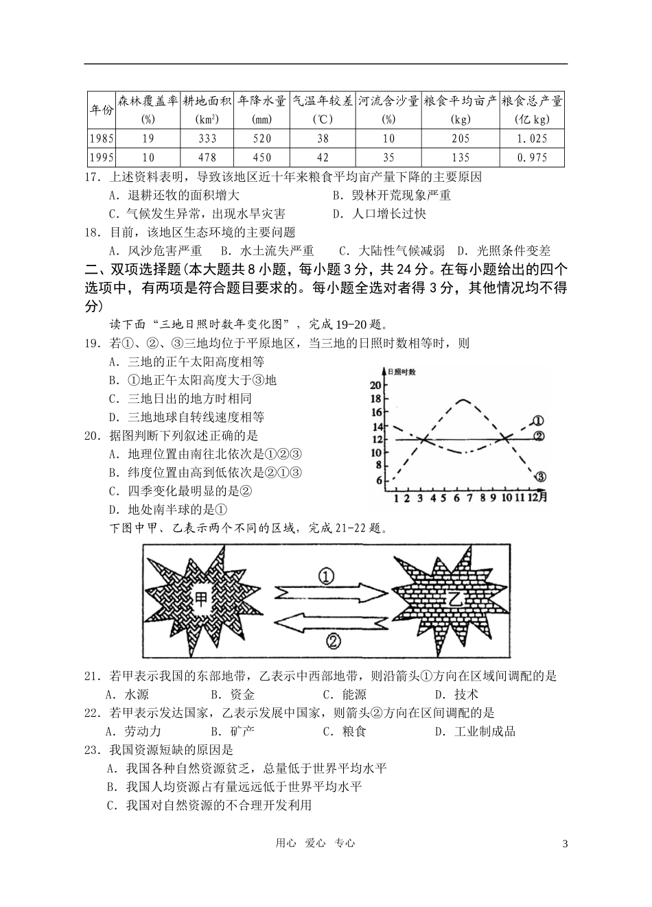 2010～2011学年度高二地理-期中考试试题-新人教版必修3_第3页