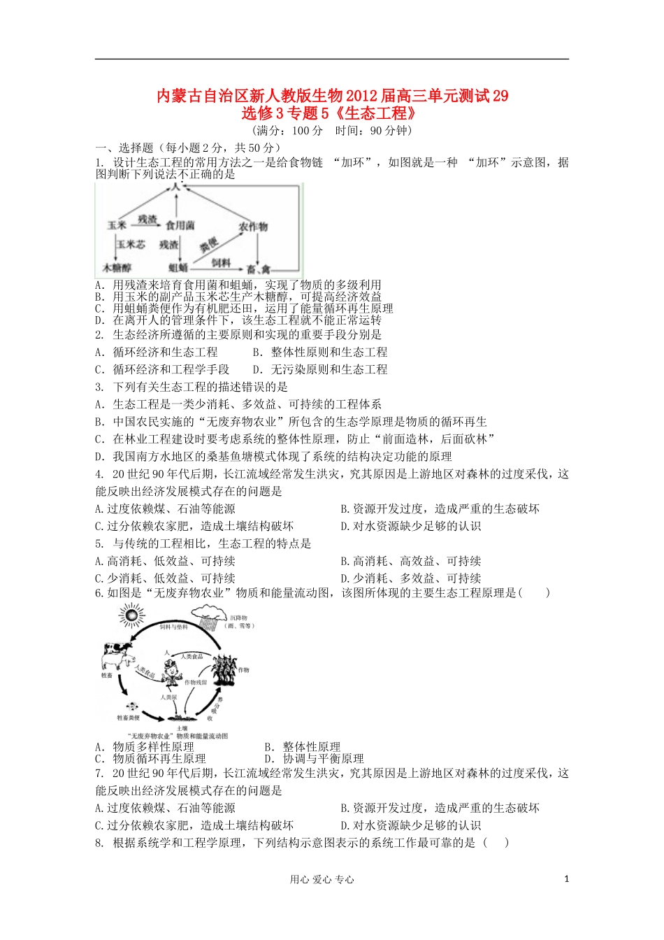 内蒙古2012届高中生物-单元测试-专题5《生态工程》新人教版选修3_第1页