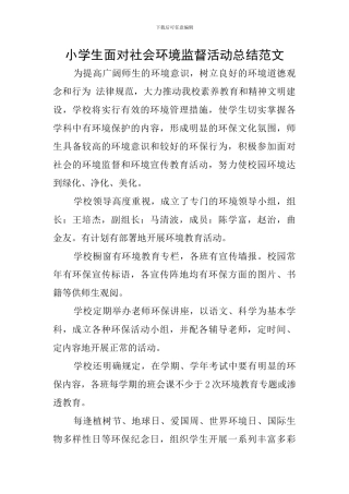 小学生面向社会环境监督活动总结范文