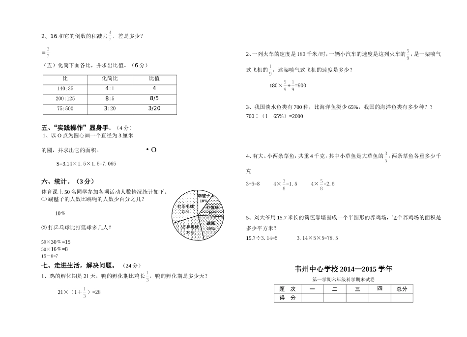 六年级数学第一学期期末统测试卷(答案)_第2页
