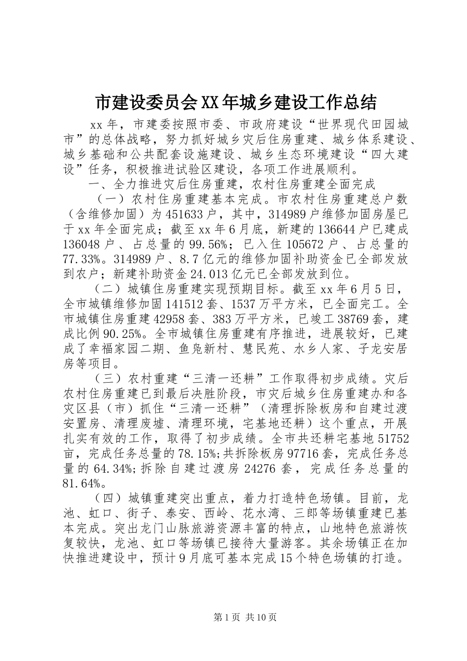 市建设委员会XX年城乡建设工作总结 _第1页
