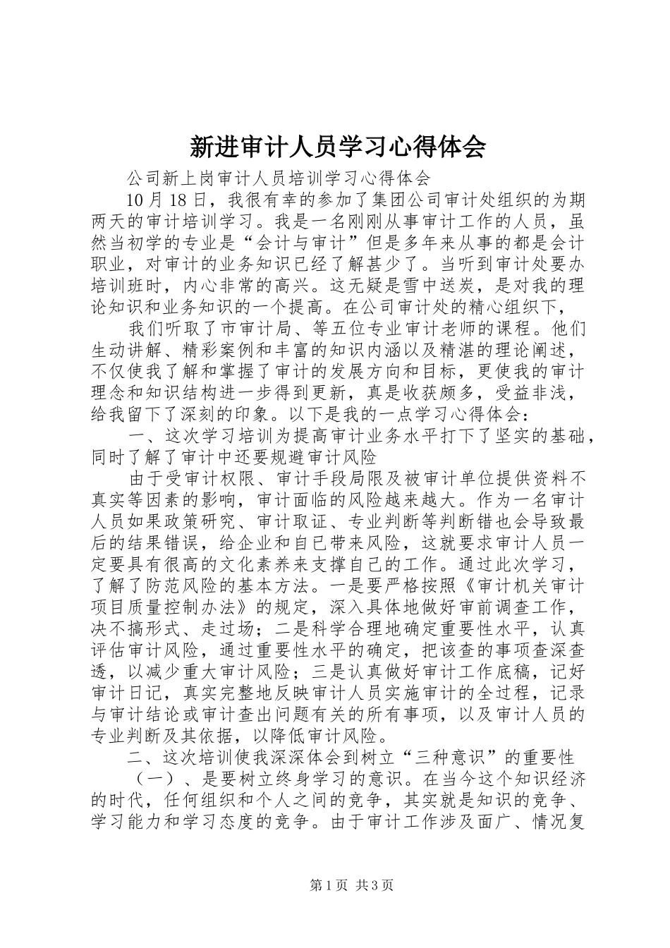新进审计人员学习体会心得_第1页