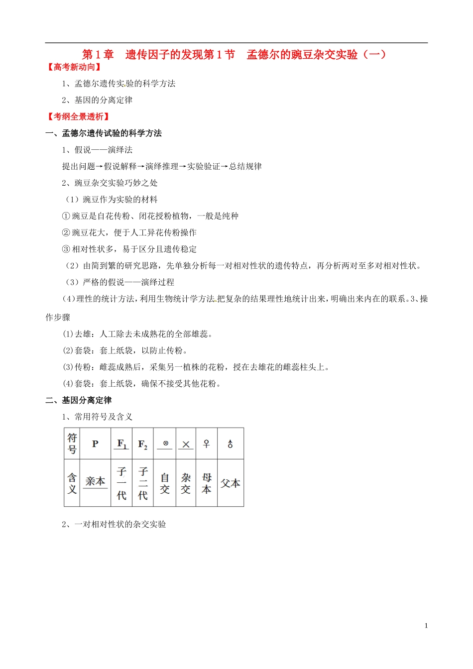 (考纲全景透析)2014届高考生物-1.1-孟德尔的豌豆杂交实验(一)基础复习-新人教版必修2_第1页