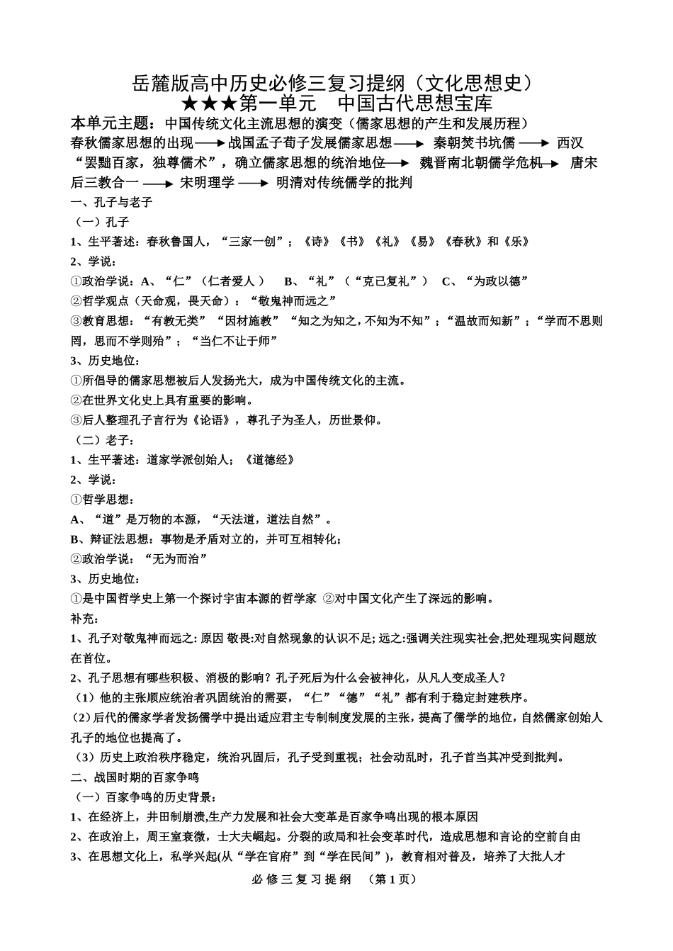 岳麓版高中历史必修三复习提纲(文化思想史)_第1页