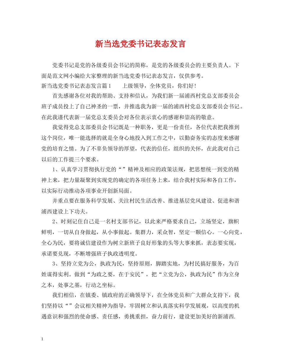 新当选党委书记表态发言 _第1页