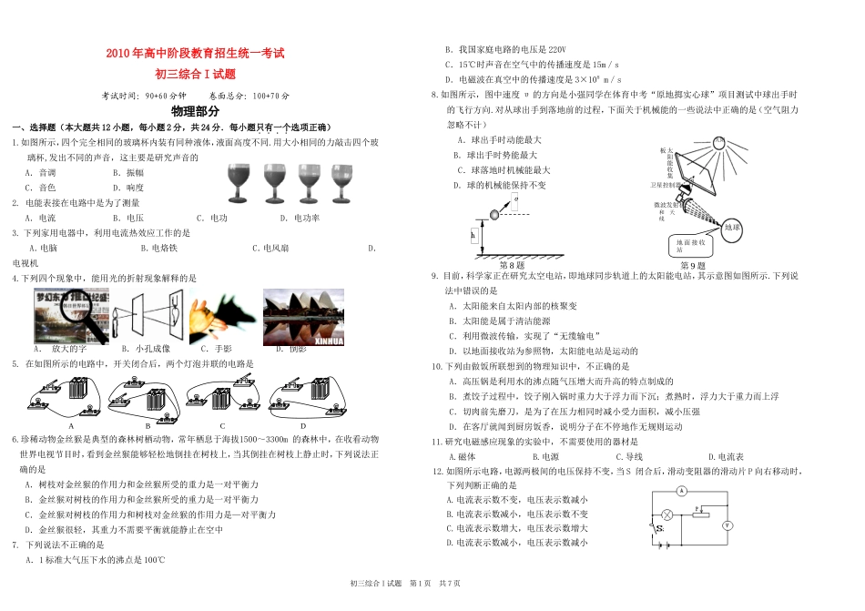 2010年中考物理-高中阶段教育招生统一考试物理化学模拟试题-苏教版_第1页