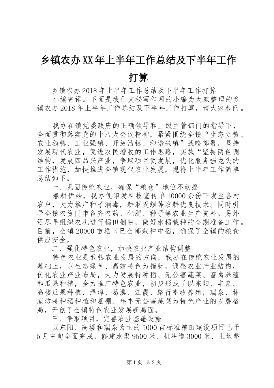 乡镇农办XX年上半年工作总结及下半年工作打算 _第1页