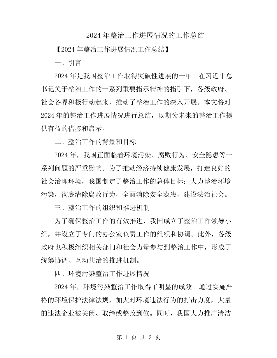 2024年整治工作进展情况的工作总结_第1页