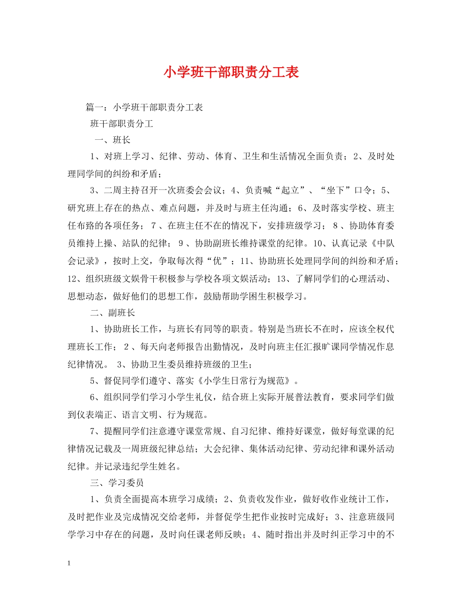 小学班干部职责分工表 _第1页