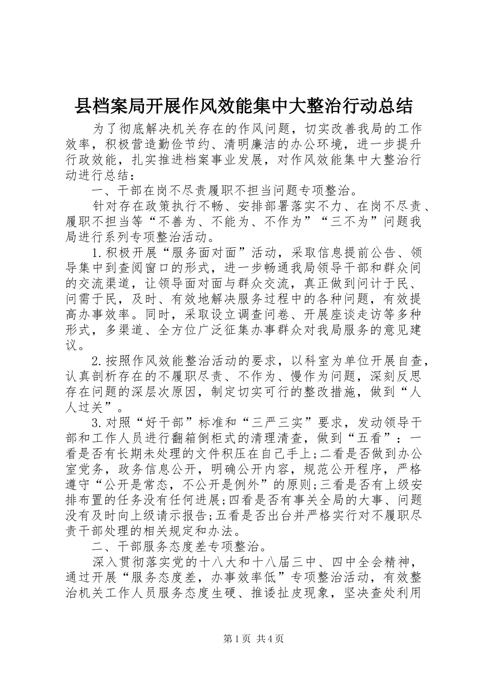 县档案局开展作风效能集中大整治行动总结 _第1页