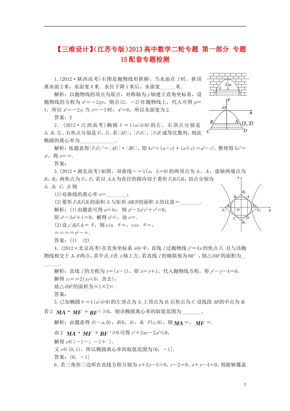 【三维设计】(江苏专版)2013高中数学二轮专题-第一部分-专题15配套专题检测_第1页