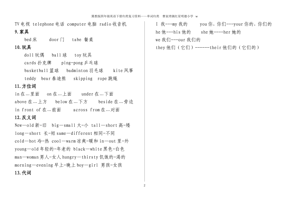 冀教版四年级英语单词归类复习资料_第2页