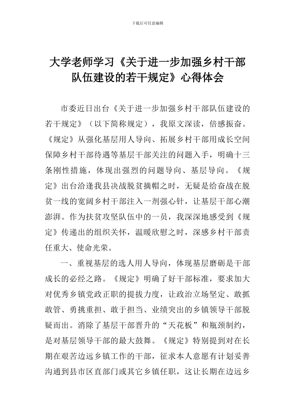 大学老师学习《关于进一步加强乡村干部队伍建设的若干规定》心得体会_第1页