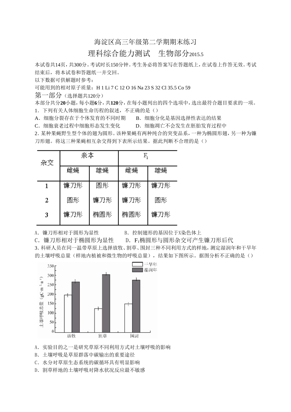 北京市海淀区2015届高三下学期期末练习（二模）理综生物试题[来源：学优高考网82432]_第1页
