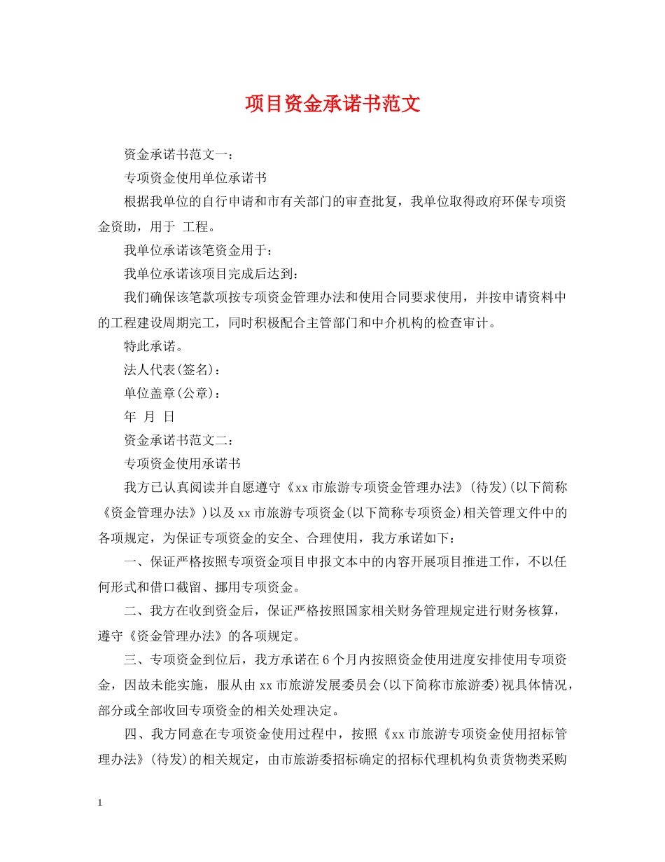 项目资金承诺书范文 _第1页