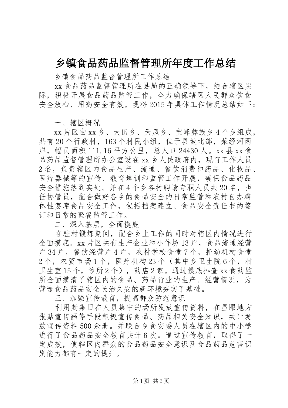 乡镇食品药品监督管理所年度工作总结 _第1页