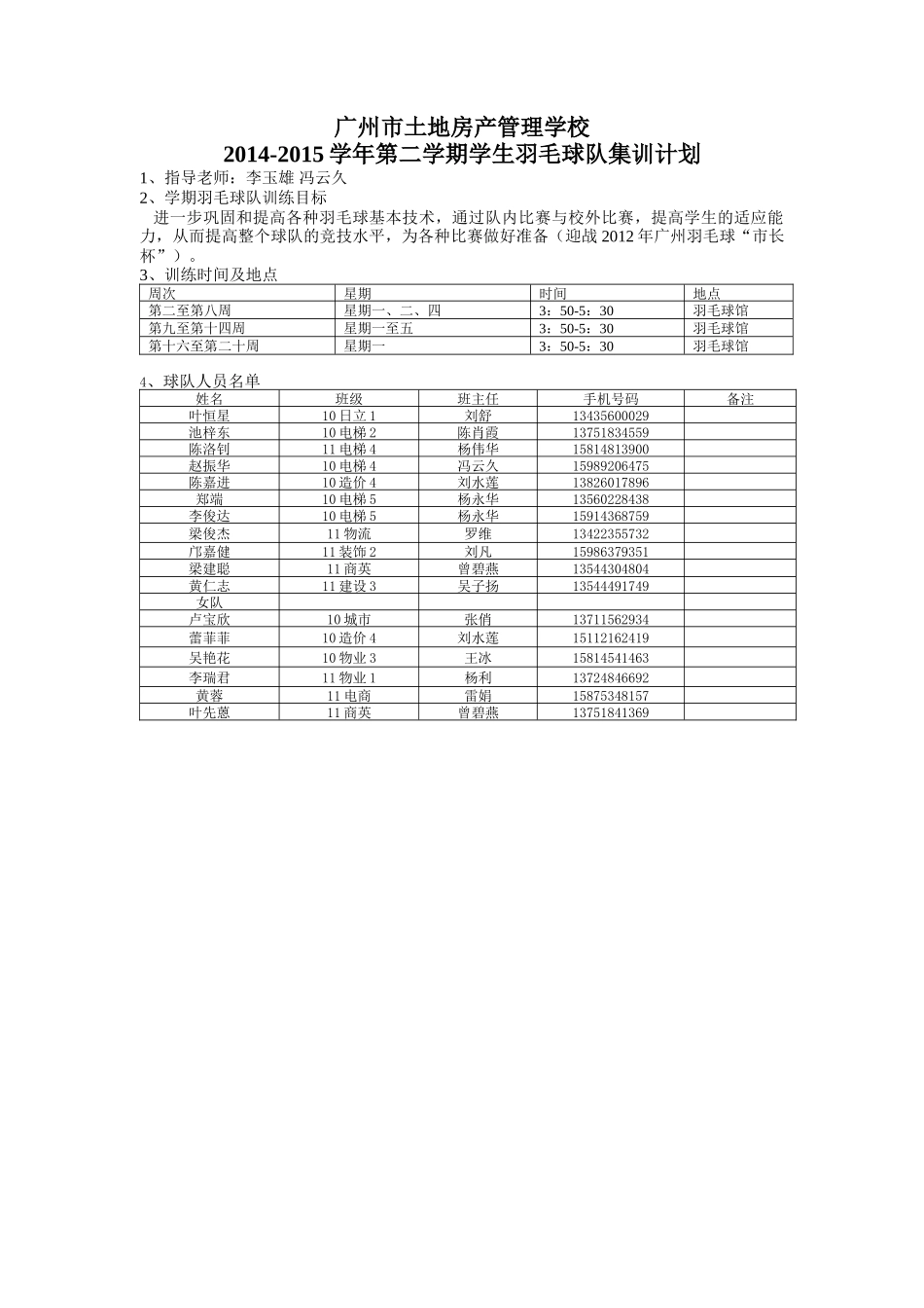 2014-2015学年度第二学期羽毛球训练计划_第1页
