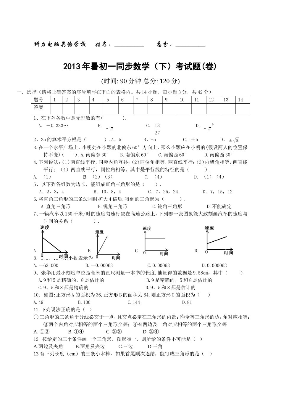 初一下数学考试题_第1页