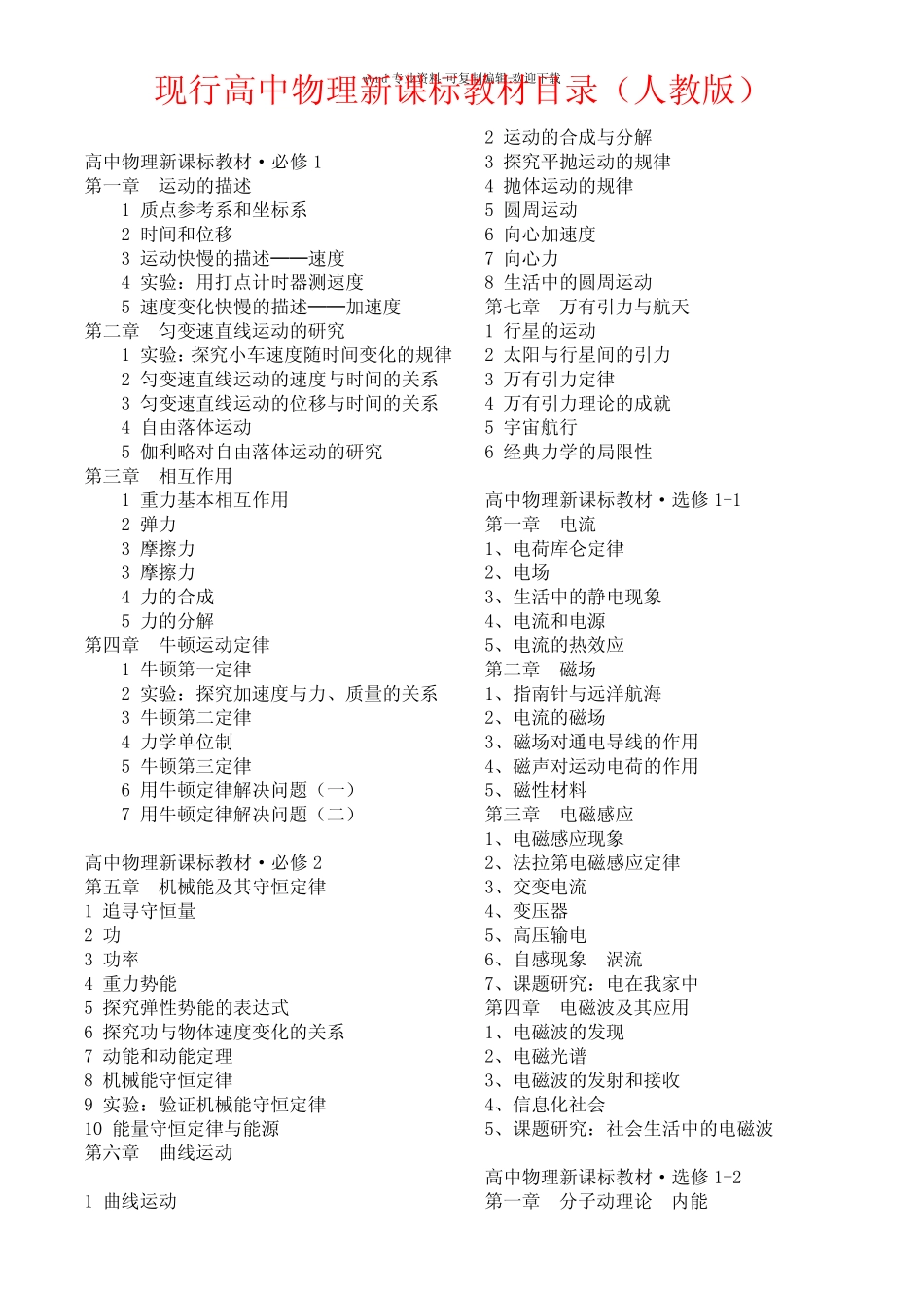 高中物理新课标教材目录(人教版) _第1页