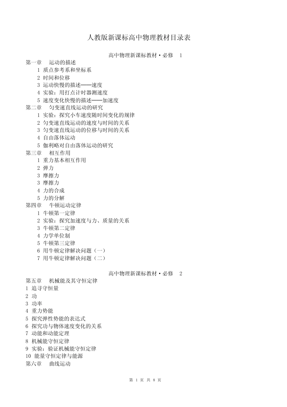 高中物理教材目录表---人教版 _第1页