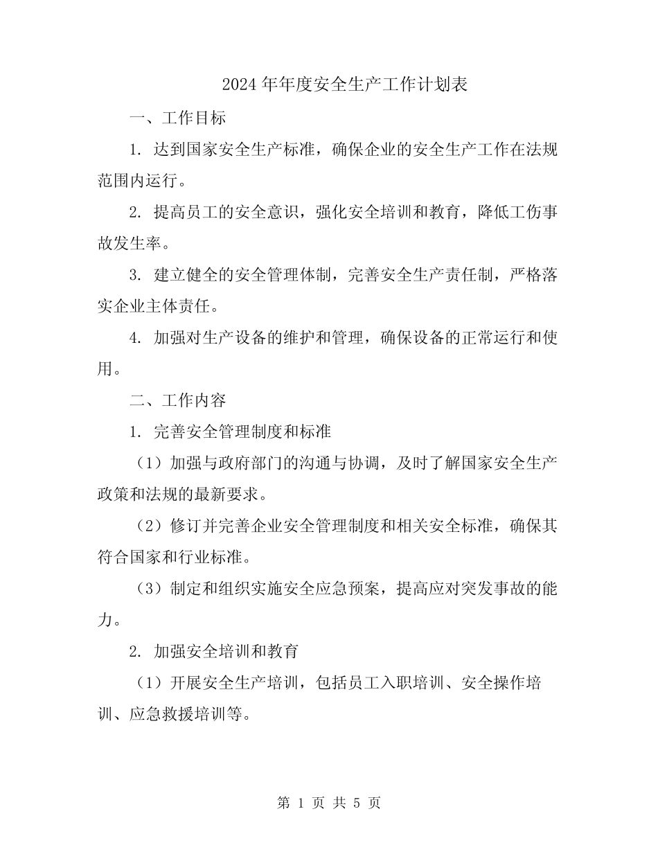 2024年年度安全生产工作计划表_第1页