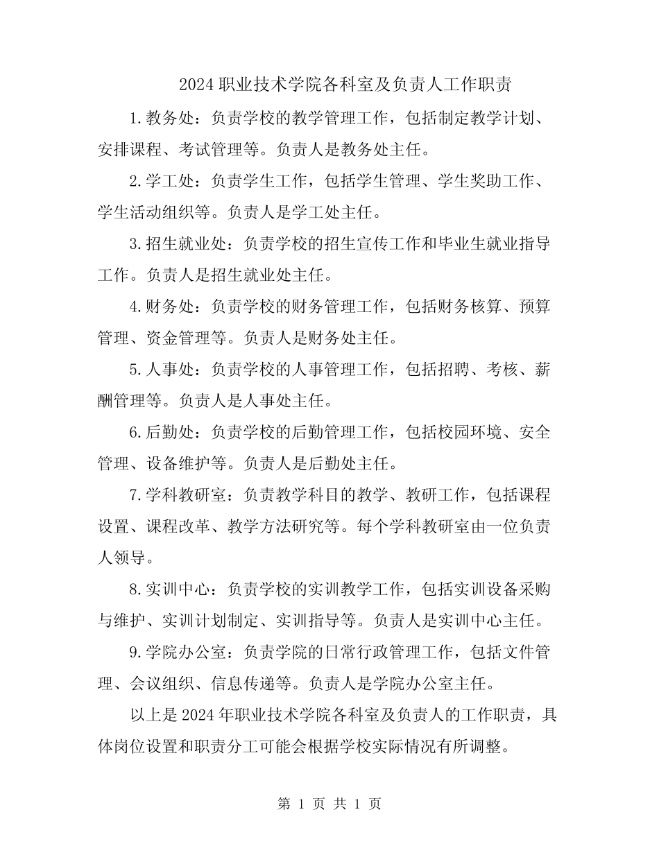 2024职业技术学院各科室及负责人工作职责 _第1页