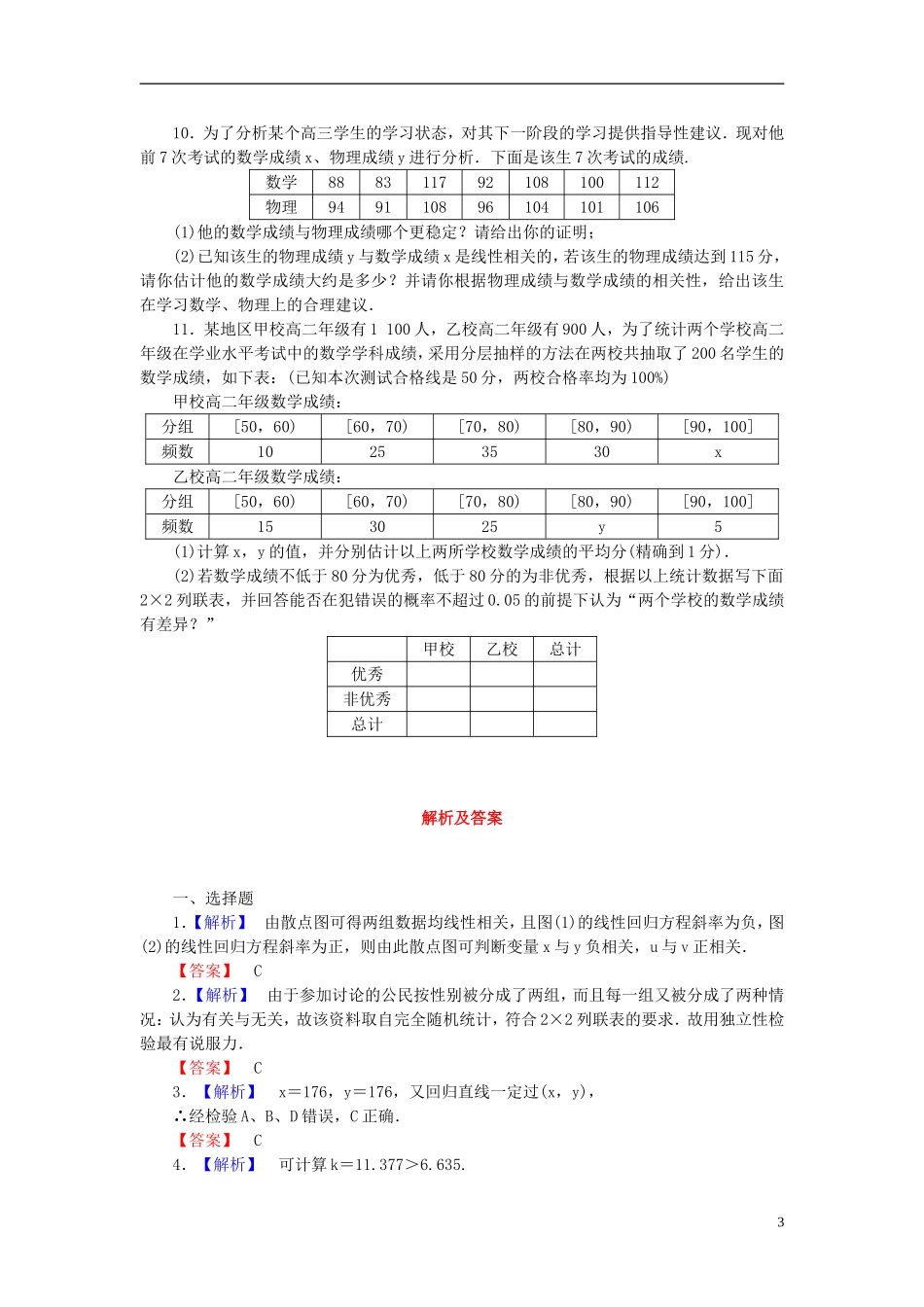 【课堂新坐标】(广东专用)2014高考数学一轮复习-课后作业(五十六)变量间的相关关系、统计案例-文_第3页