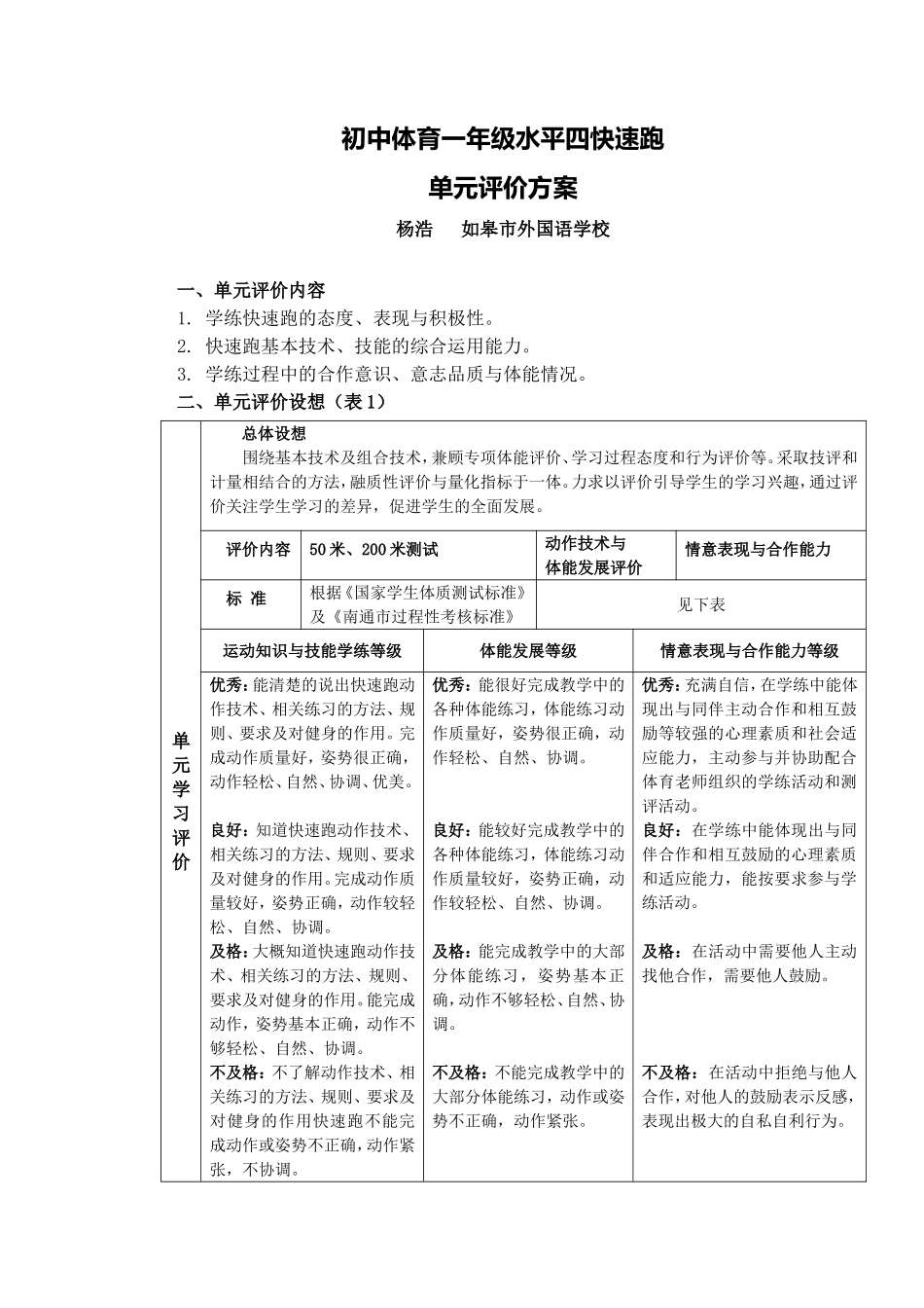 C10初中体育与健康单元学习评价示例：初初中体育与健康快速跑单元2案例解析3单元评价方案_第1页