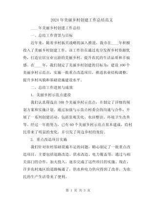 2024年美丽乡村创建工作总结范文 