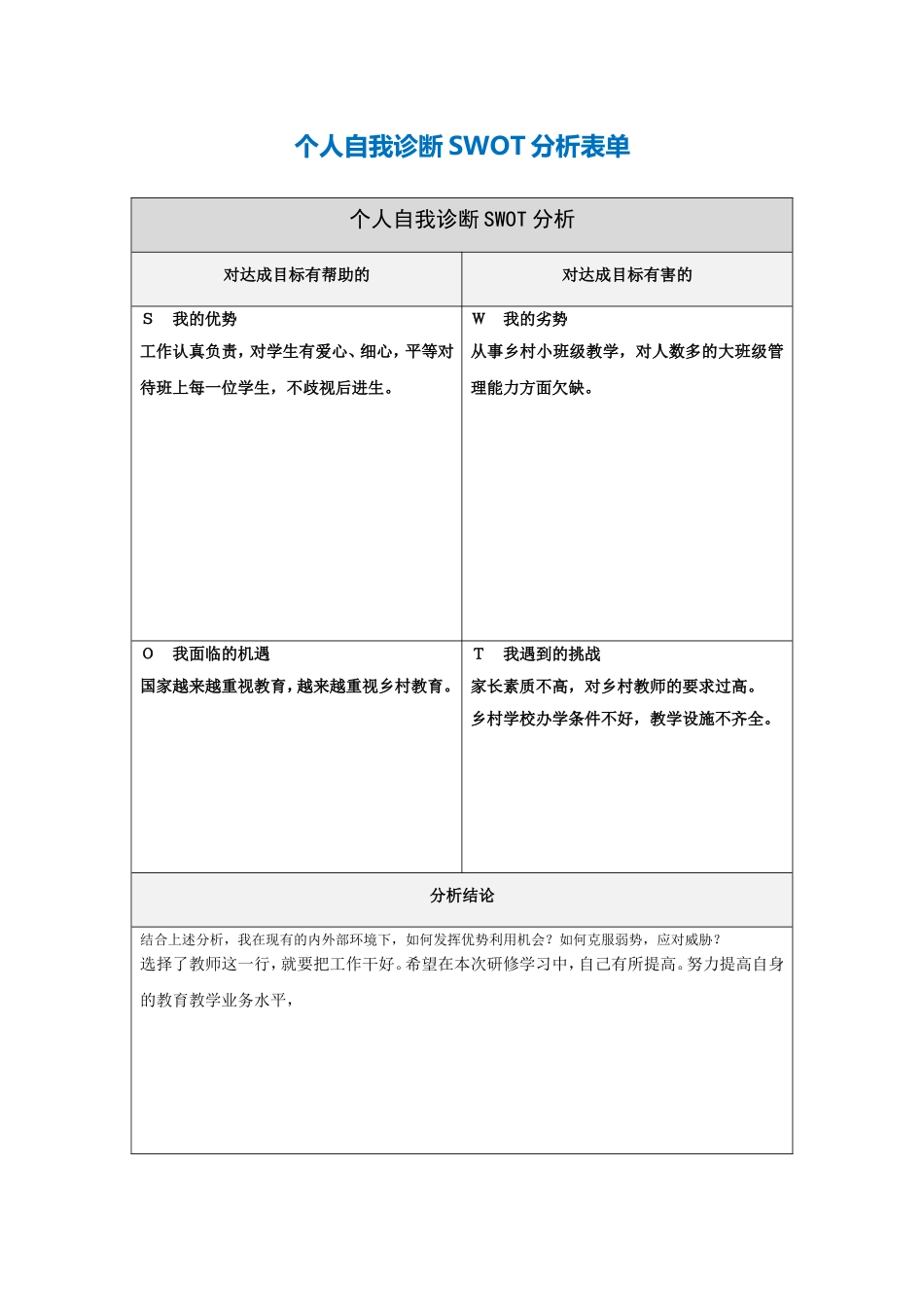 个人自我诊断SWOT分析表邹娟_第1页