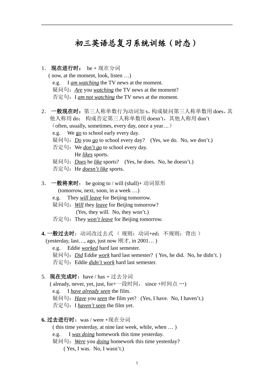 初三英语总复习系统训练(时态)_第1页