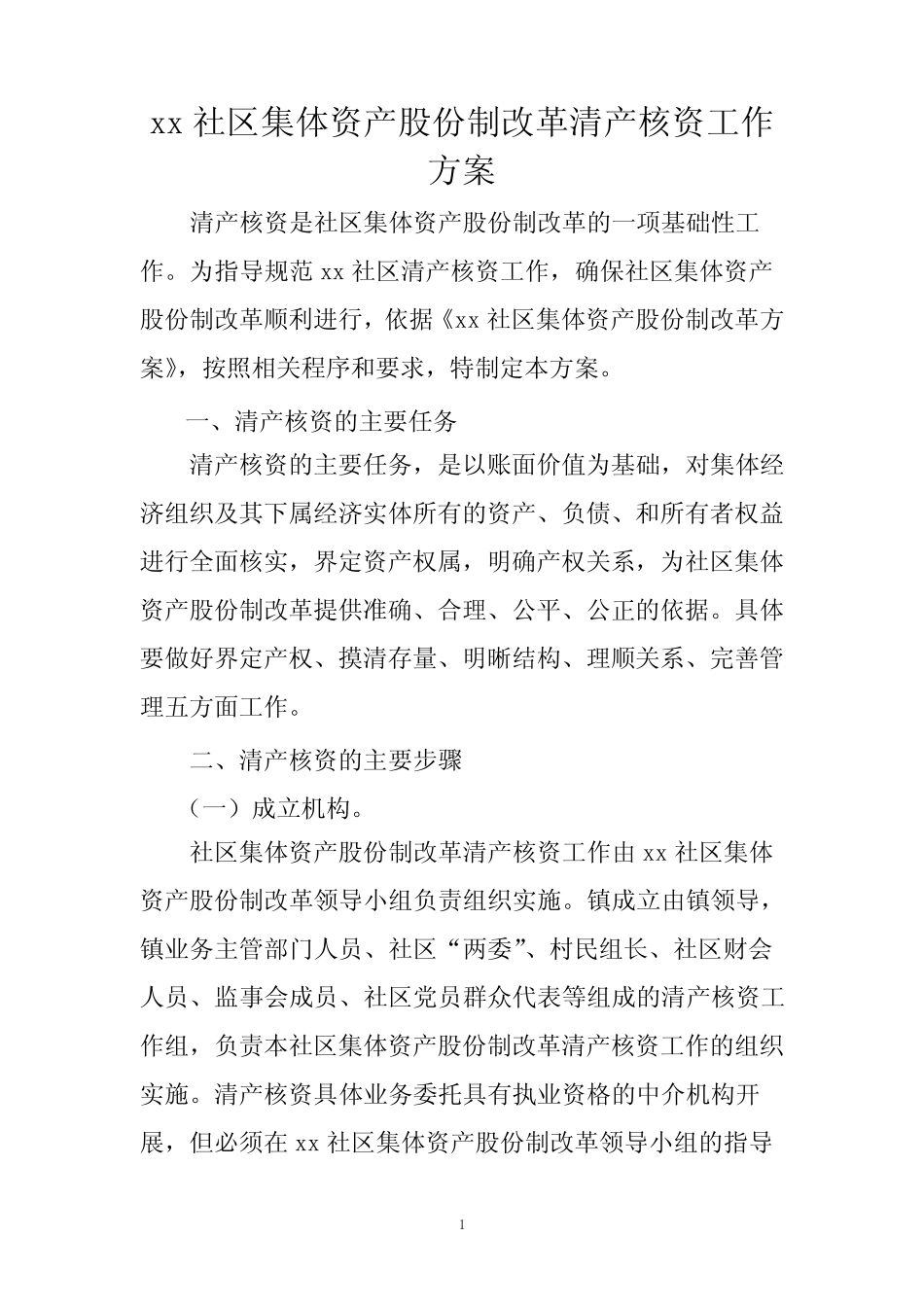 xx社区集体资产股份制改革清产核资工作方案_第1页