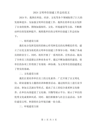 2024文明单位创建工作总结范文