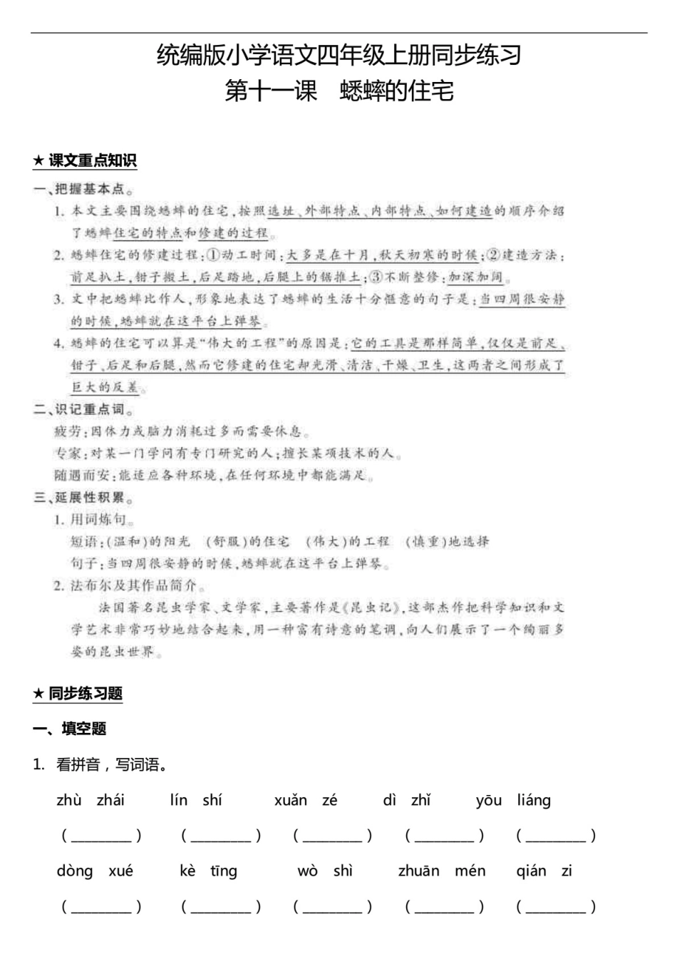 部编版小学语文四年级上册11.蟋蟀的住宅 课堂同步试题(含答案)_第1页
