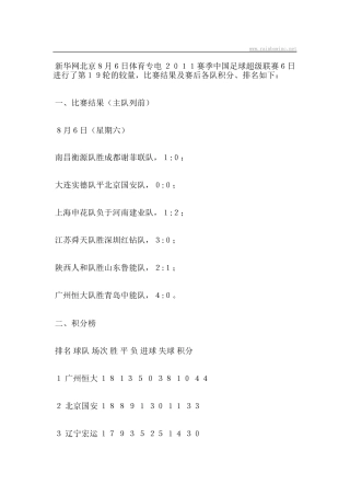 中国足球超级联赛数据综合(8月6日)