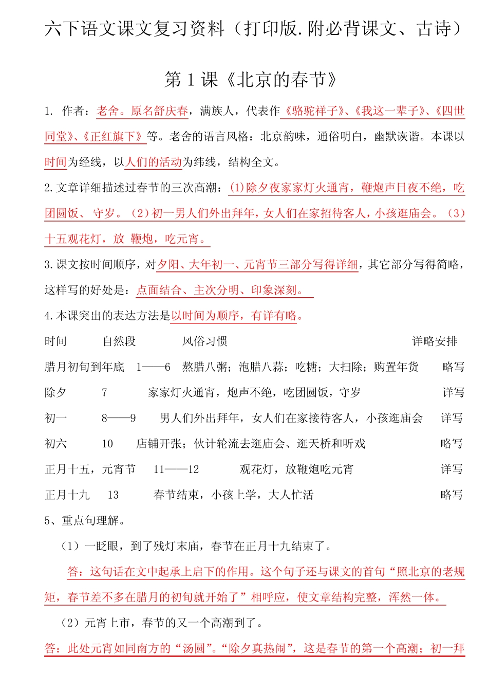 部编版六下语文课文复习资料(打印版.附必背课文、古诗)_第1页
