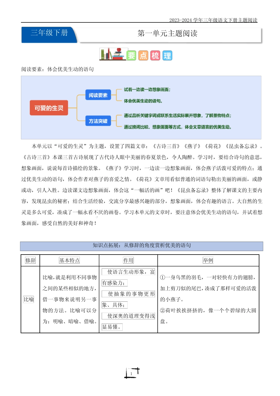 第一单元“可爱生灵”(主题阅读)-2023-2024学年三年级语文下册_第1页