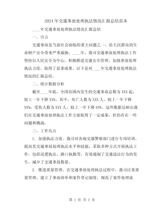 2024年交通事故处理执法情况汇报总结范本 