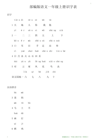 部编版语文一年级上册识字表(带拼音)