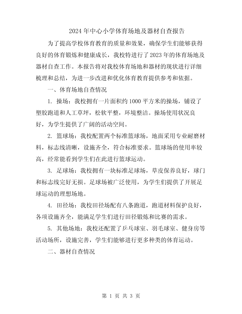 2024年中心小学体育场地及器材自查报告_第1页