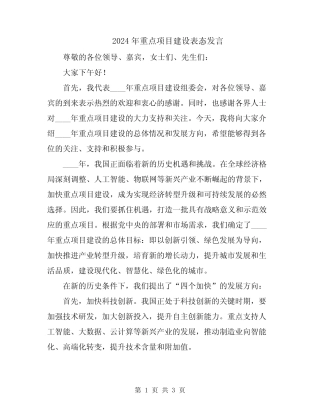 2024年重点项目建设表态发言